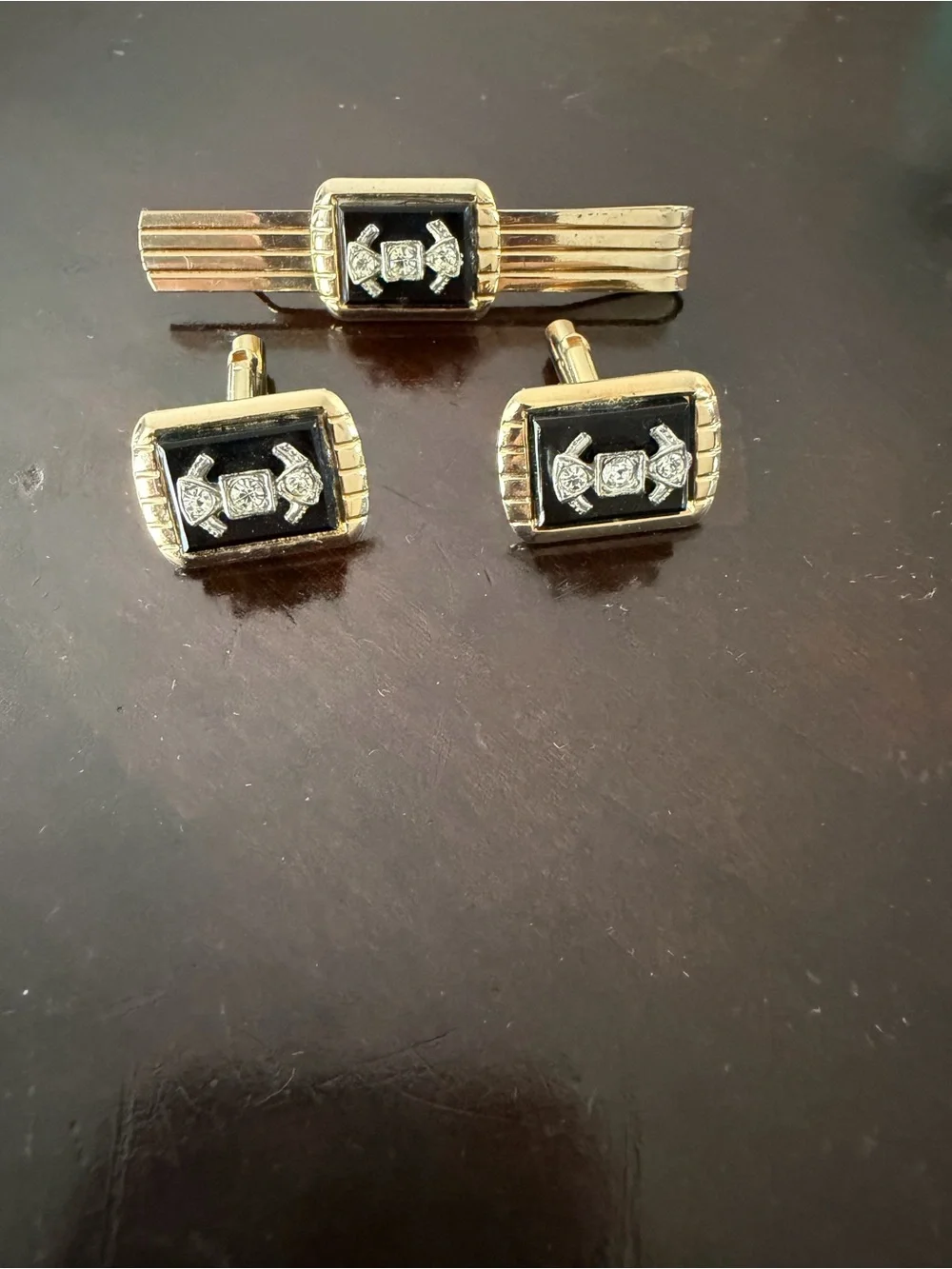 Gold and Black Tie Bar with Matching Cufflinks Set